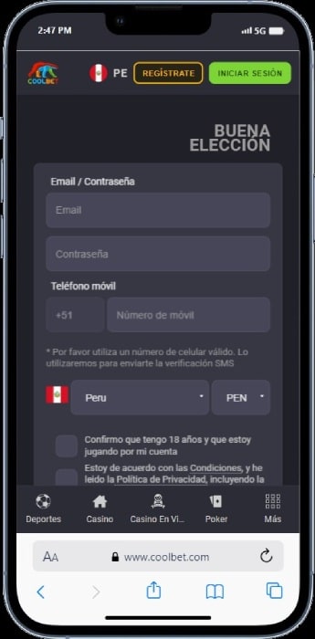 Registrarse Coolbet Móvil
